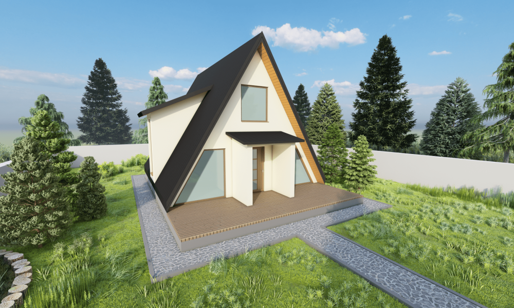 Model casă din lemn A-frame, stil montan, EcoCasa