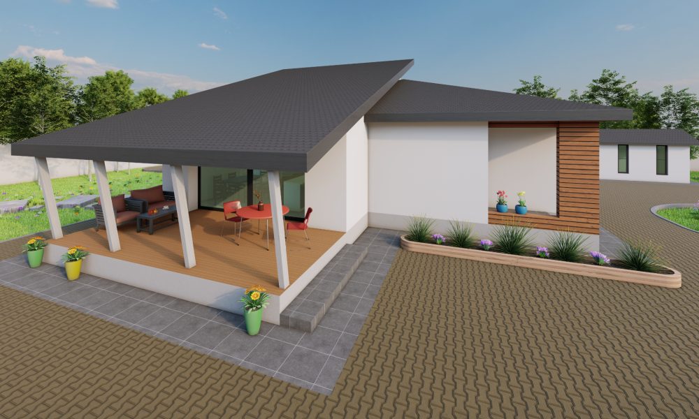 Model casă din lemn modernă, compartimentare eficientă, EcoCasa